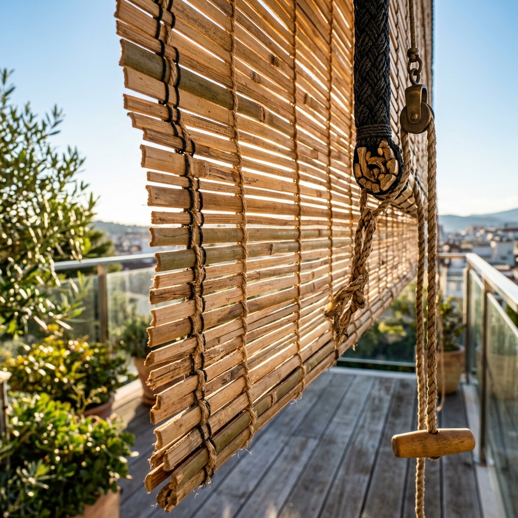 Outdoor bamboo chick blinds Delhi balcony shade solutions